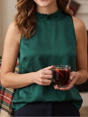 J. Crew Emerald Green Sleeveless Ruffle Mock Neck Camisole